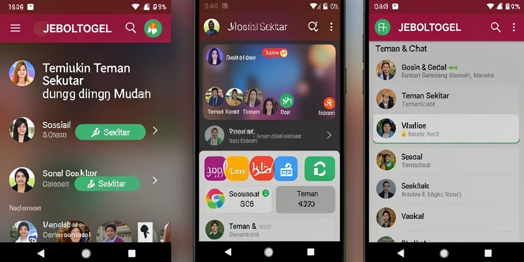 Antarmuka pengguna JEBOLTOGEL untuk menemukan teman sekitar.